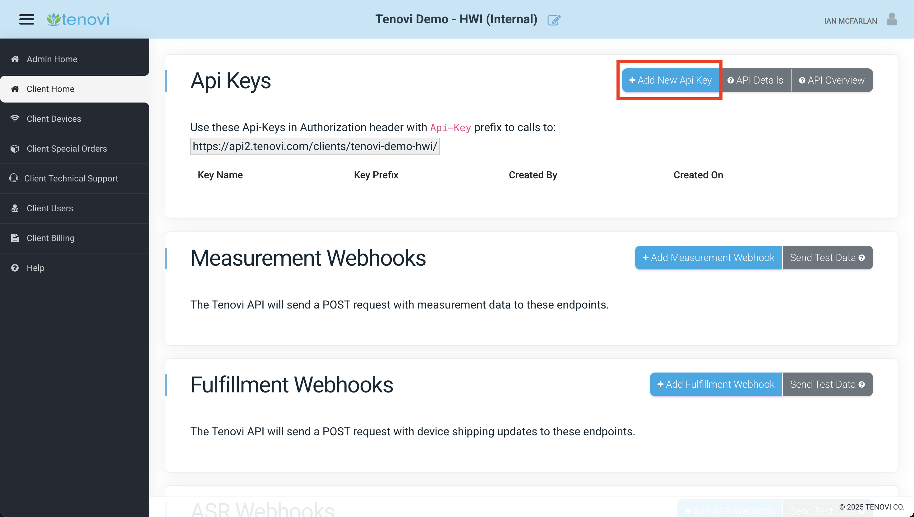 Generating API keys on the Client Home screen of the Tenovi web app