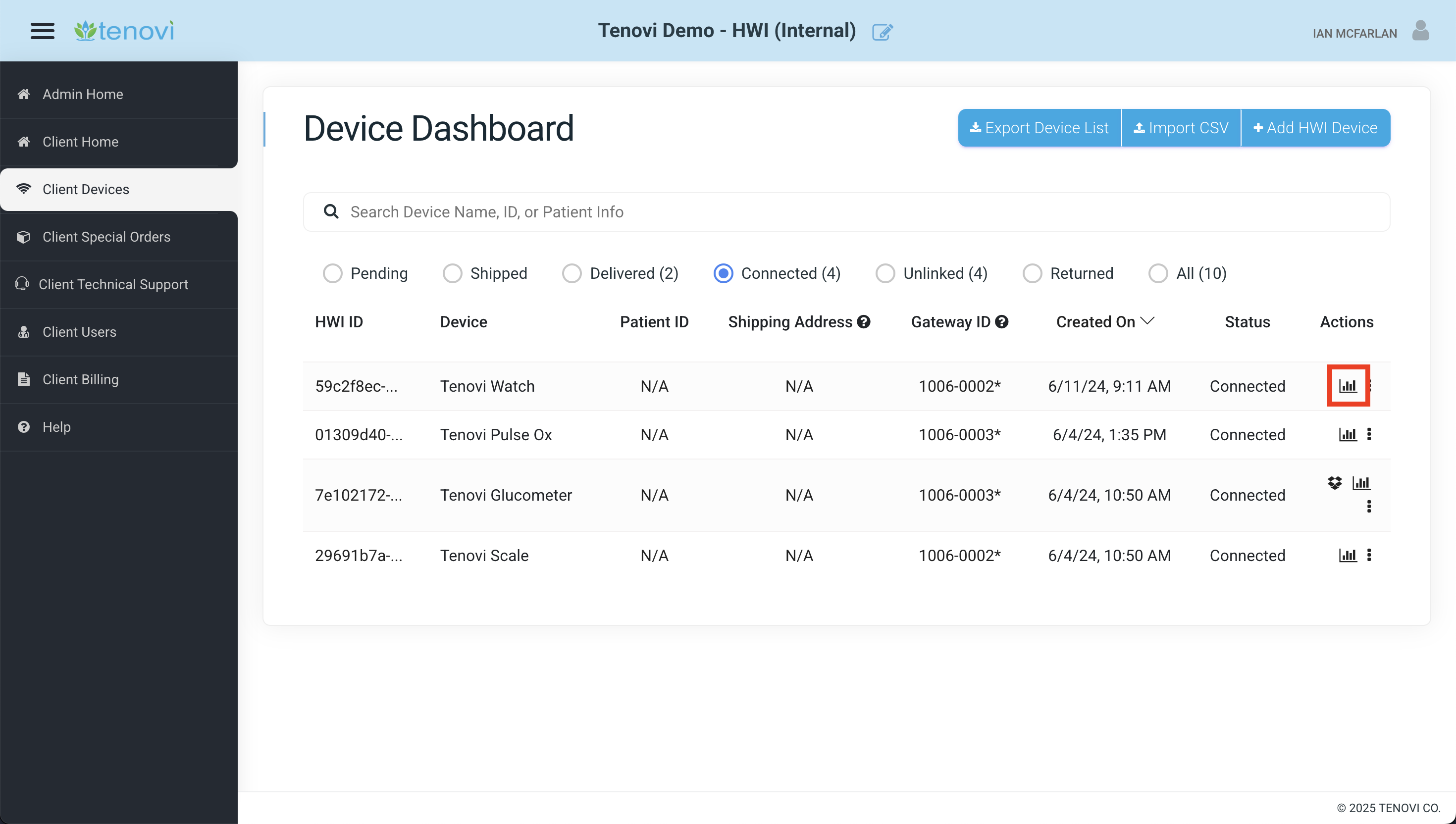 Bar graph icon to view the Device Data modal of a specific device