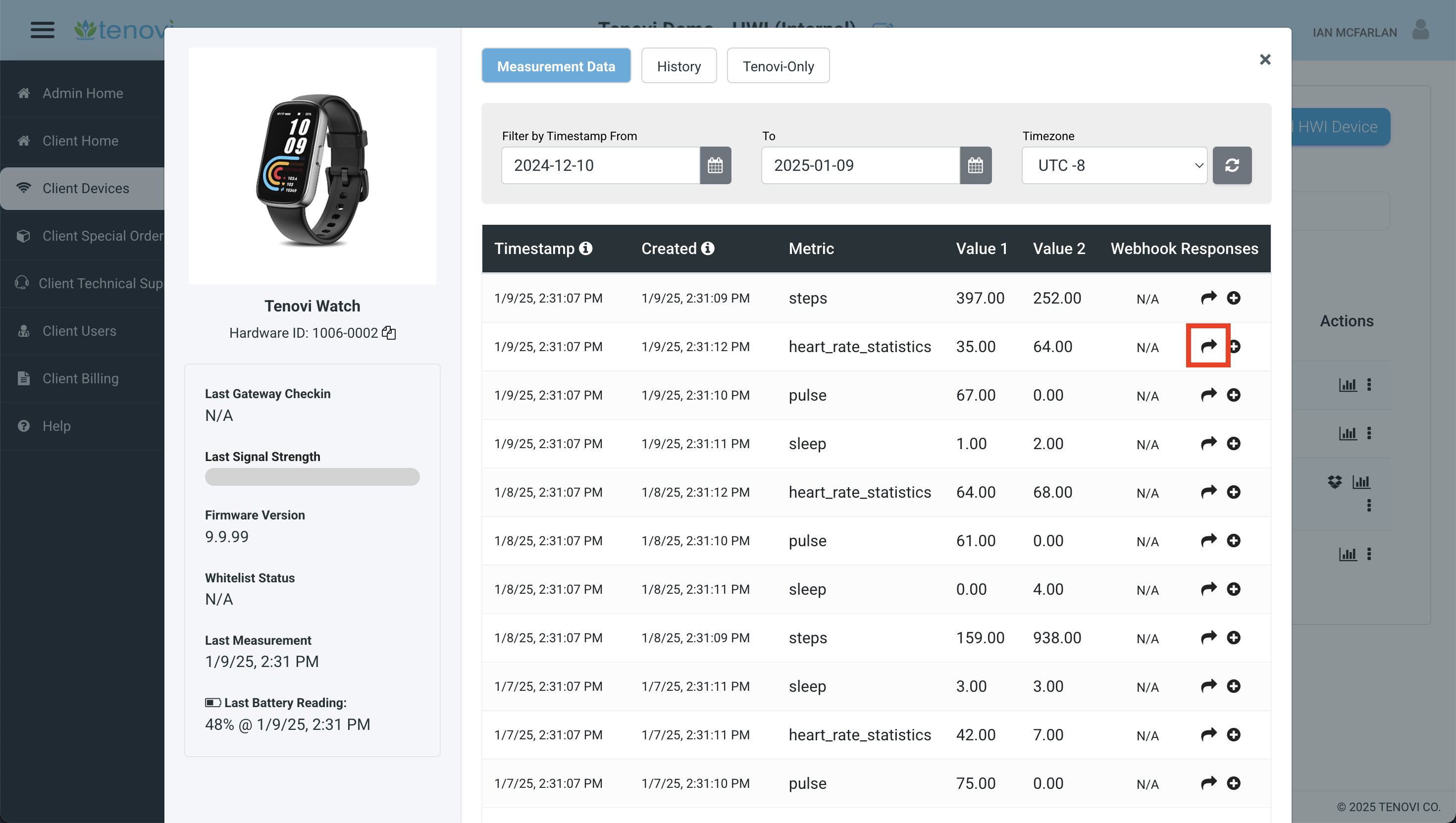 Resend individual measurement data webhook JSON payloads