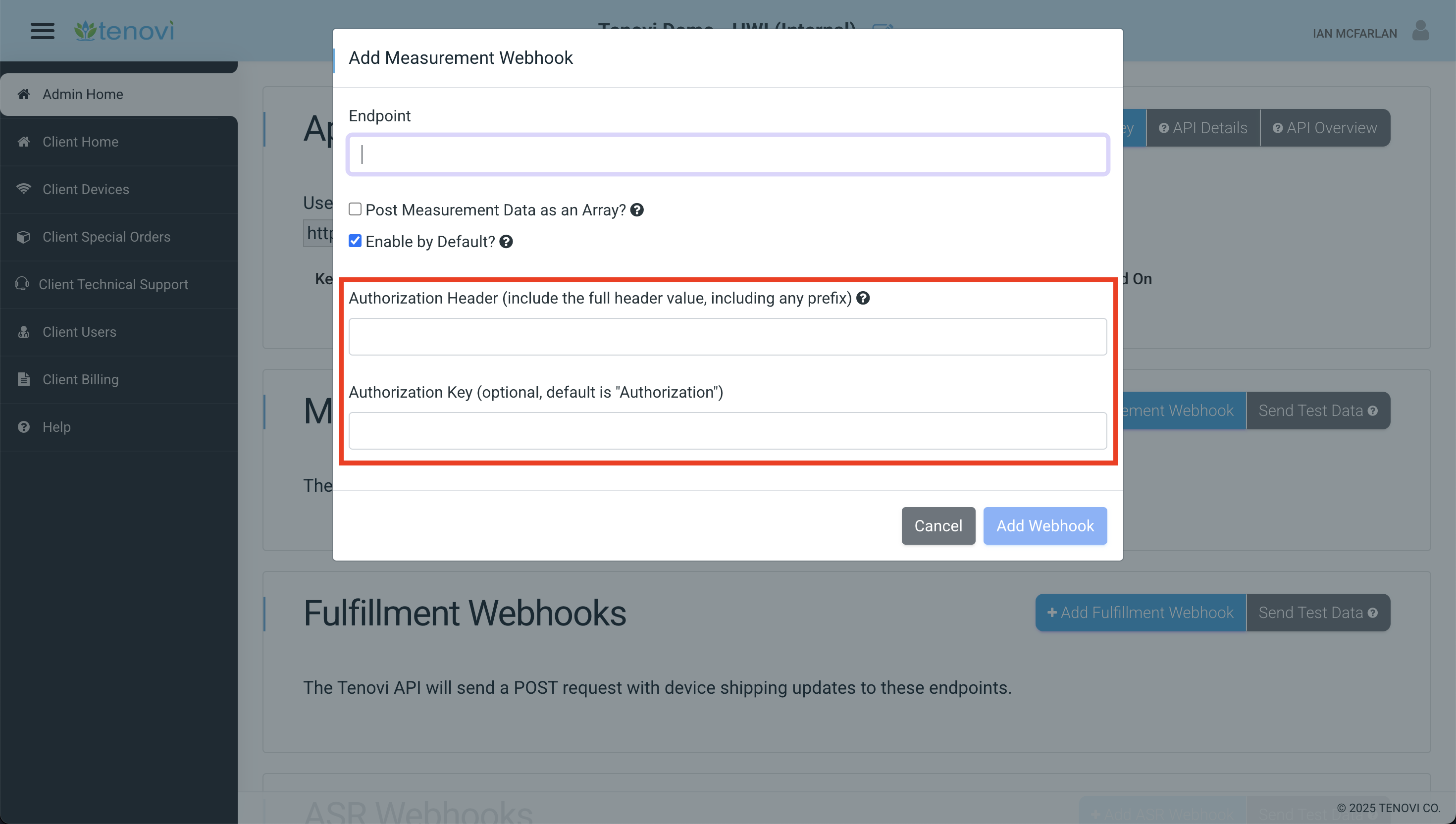 Setting optional webhook auth headers when defining webhook URLs