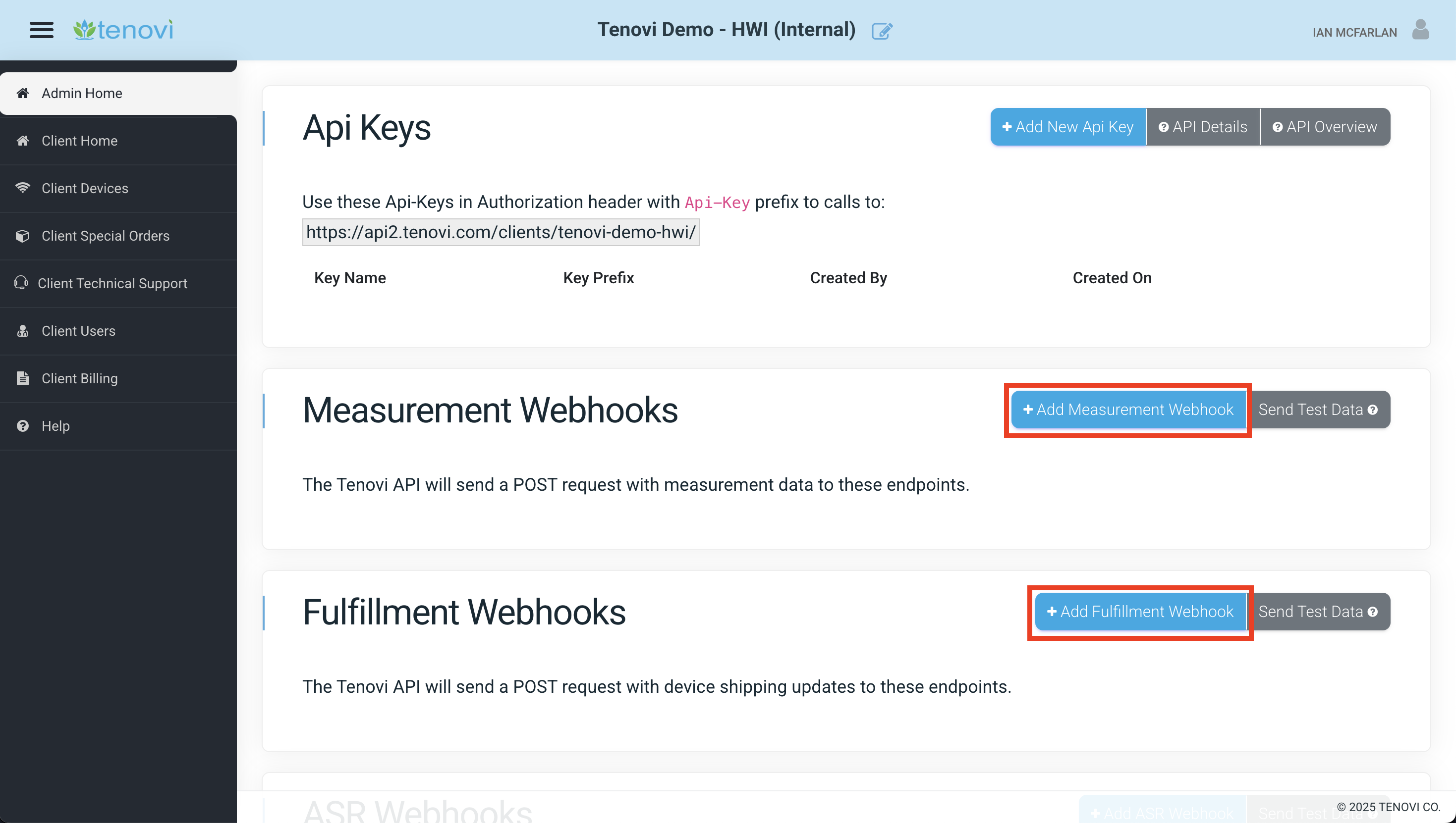 Creating webhooks on the Client Home screen of the Tenovi web app