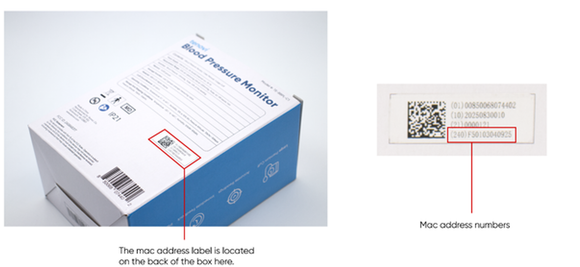 The MAC address label is located on the back of the box. The MAC address is the value following the (240) Application Identifier on the label.